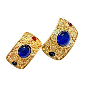 Vintage 1980’s Pierced Earrings Chunky Goldtone Faux Hoops Red Blue Cabechons